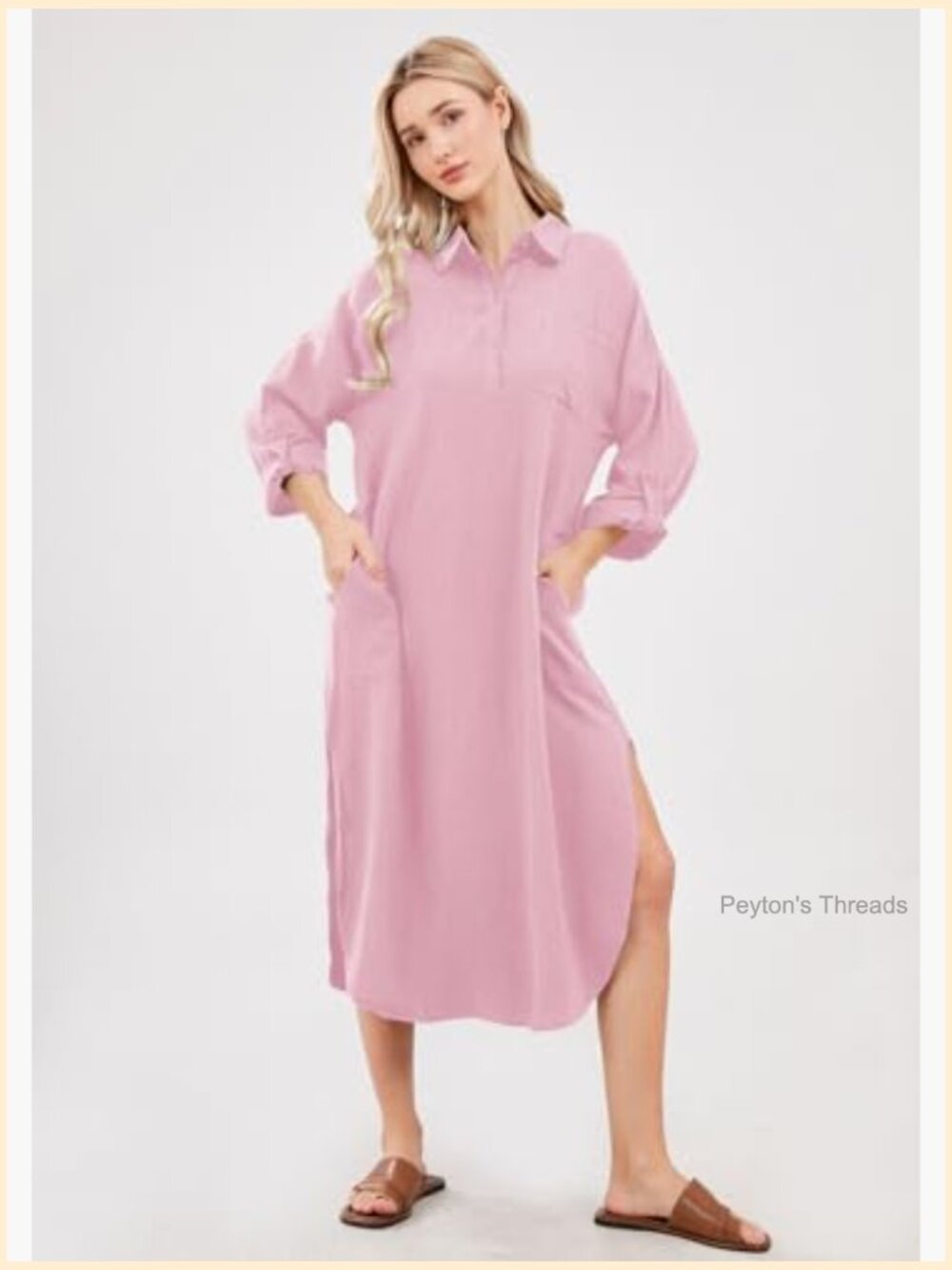Women's Cotton Linen Shirt Dress Button Down Casual Loose Maxi Shift Dress - Picture 2 of 5